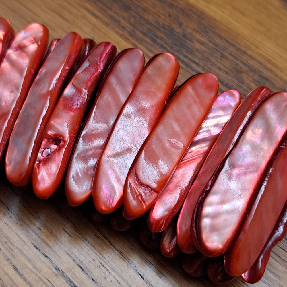 Vintage Red Abalone Shell Stretch Bracelet Wide Cuff Flat 3.5" Bangle Trinket - Picture 5 of 7